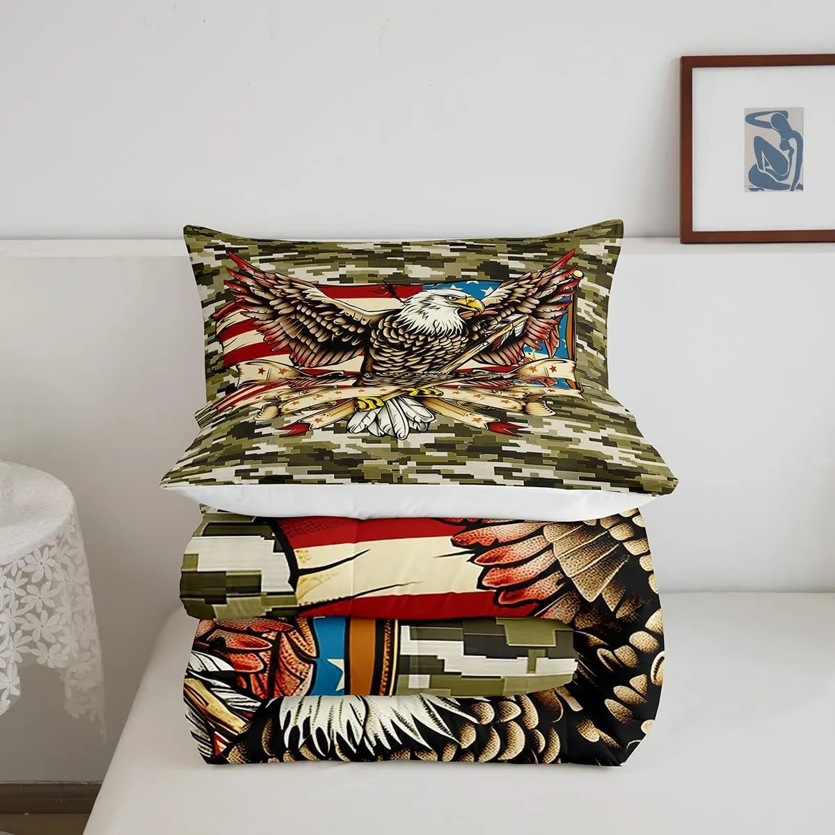 Camo Eagle Kids Comforter Set Twin Size,Boys Girls Adults Bedroom Decor,American Flag Patriotic Retro Down Comforter,Animal Camouflage Rustic Bedding Set,Army Green Grey Duvet Insert,1 Pillowcase