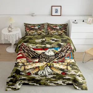 Camo Eagle Kids Comforter Set Twin Size,Boys Girls Adults Bedroom Decor,American Flag Patriotic Retro Down Comforter,Animal Camouflage Rustic Bedding Set,Army Green Grey Duvet Insert,1 Pillowcase