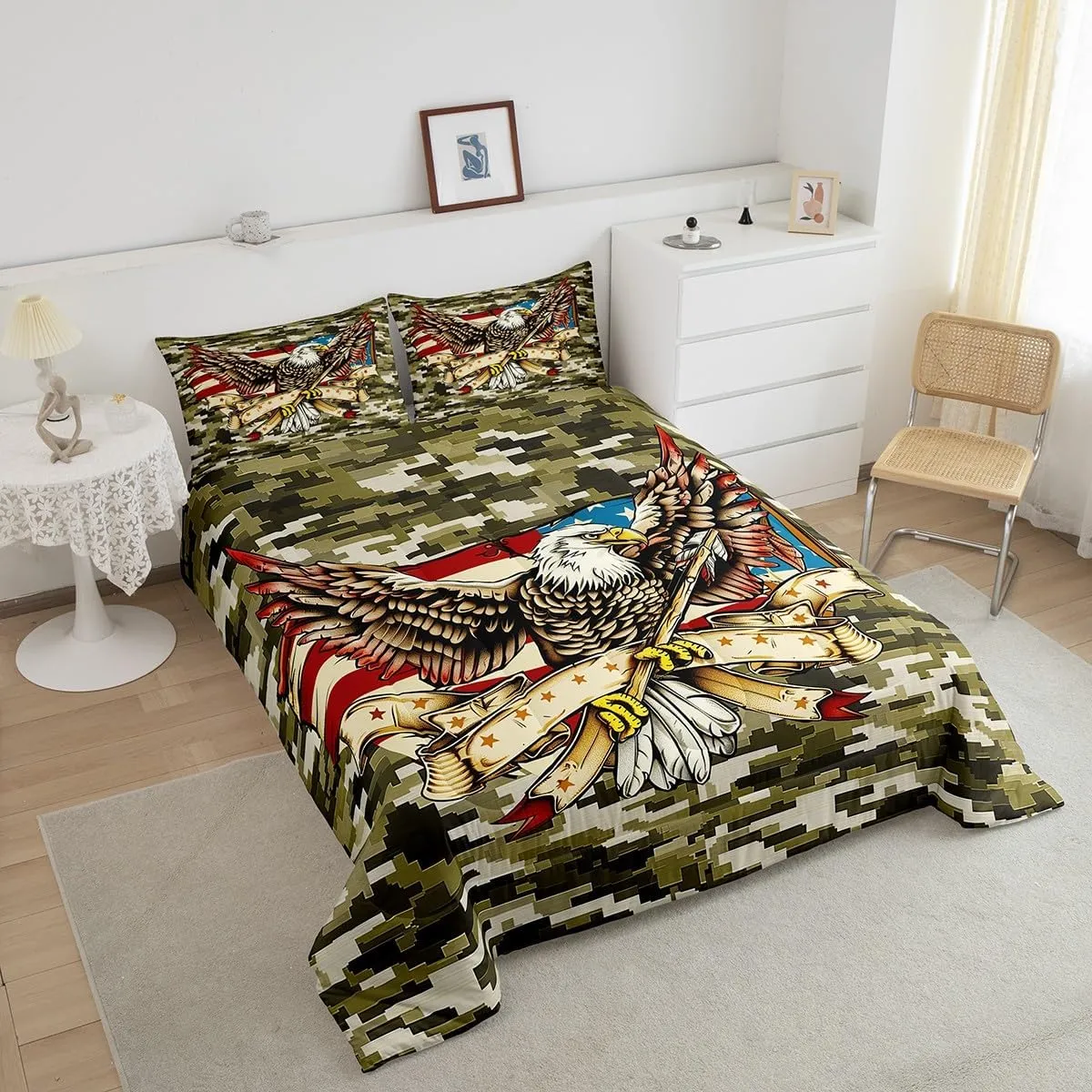 Camo Eagle Kids Comforter Set Twin Size,Boys Girls Adults Bedroom Decor,American Flag Patriotic Retro Down Comforter,Animal Camouflage Rustic Bedding Set,Army Green Grey Duvet Insert,1 Pillowcase