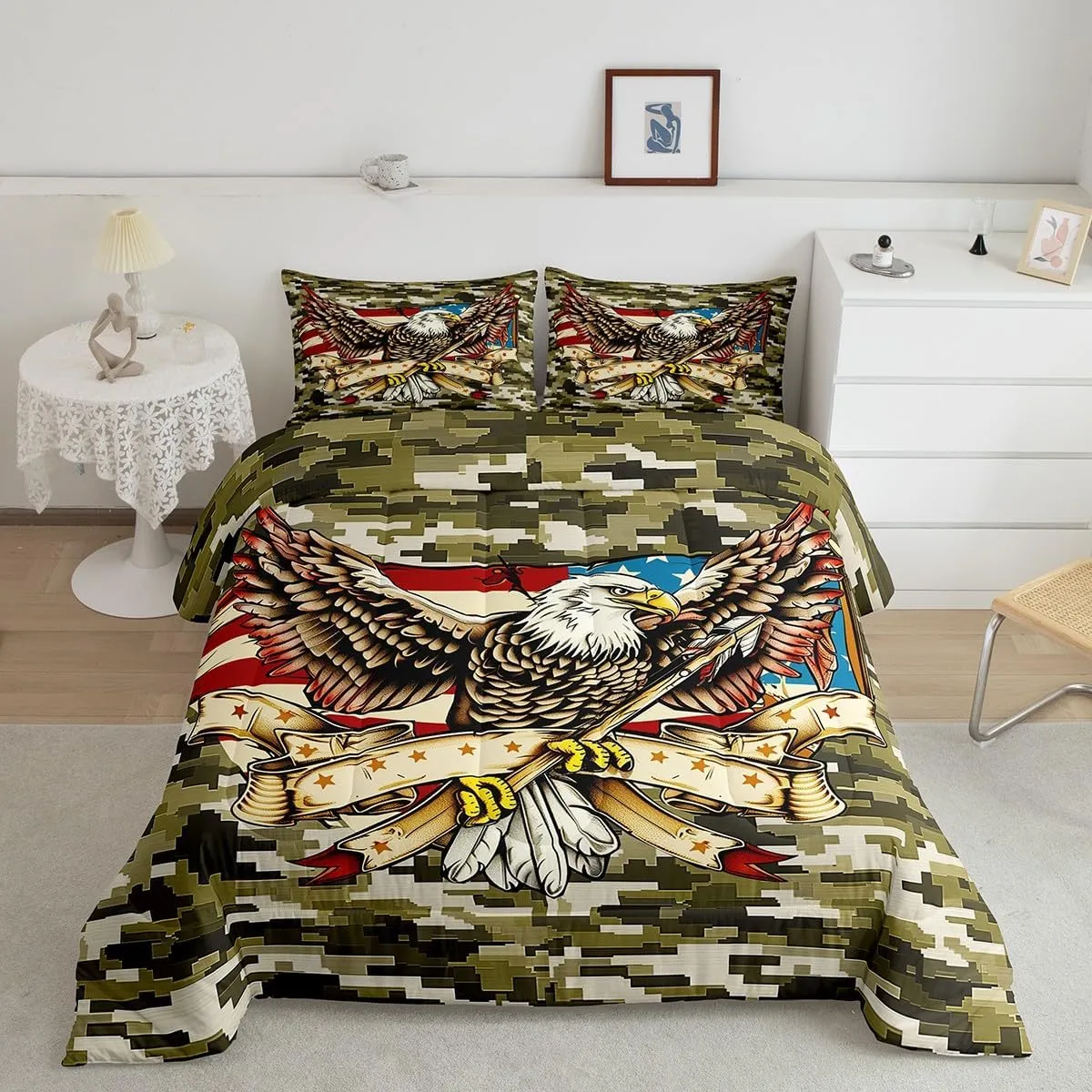 Camo Eagle Kids Comforter Set Twin Size,Boys Girls Adults Bedroom Decor,American Flag Patriotic Retro Down Comforter,Animal Camouflage Rustic Bedding Set,Army Green Grey Duvet Insert,1 Pillowcase