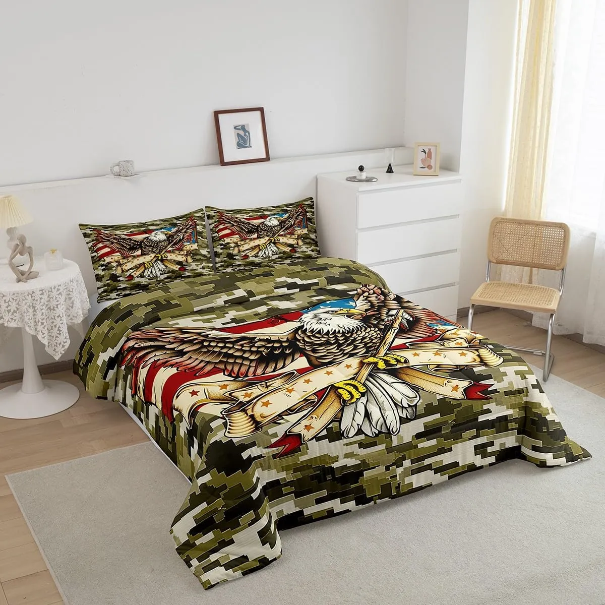 Camo Eagle Kids Comforter Set Twin Size,Boys Girls Adults Bedroom Decor,American Flag Patriotic Retro Down Comforter,Animal Camouflage Rustic Bedding Set,Army Green Grey Duvet Insert,1 Pillowcase