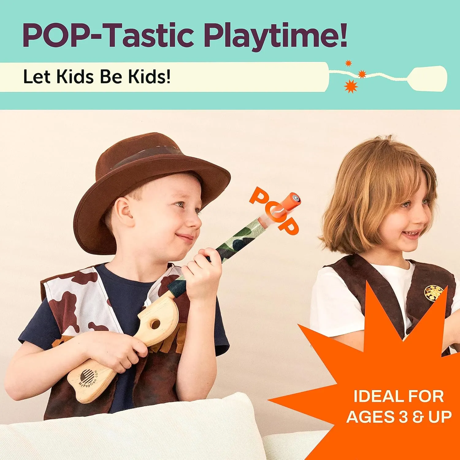 Camo Toy Pop Gun for Kids - Wooden Toy Guns for Boys Ages 3-7 - Fake Handgun with Wood Finish & Plastic Cap - Fun Rifle & Pistol Toys - Made in USA