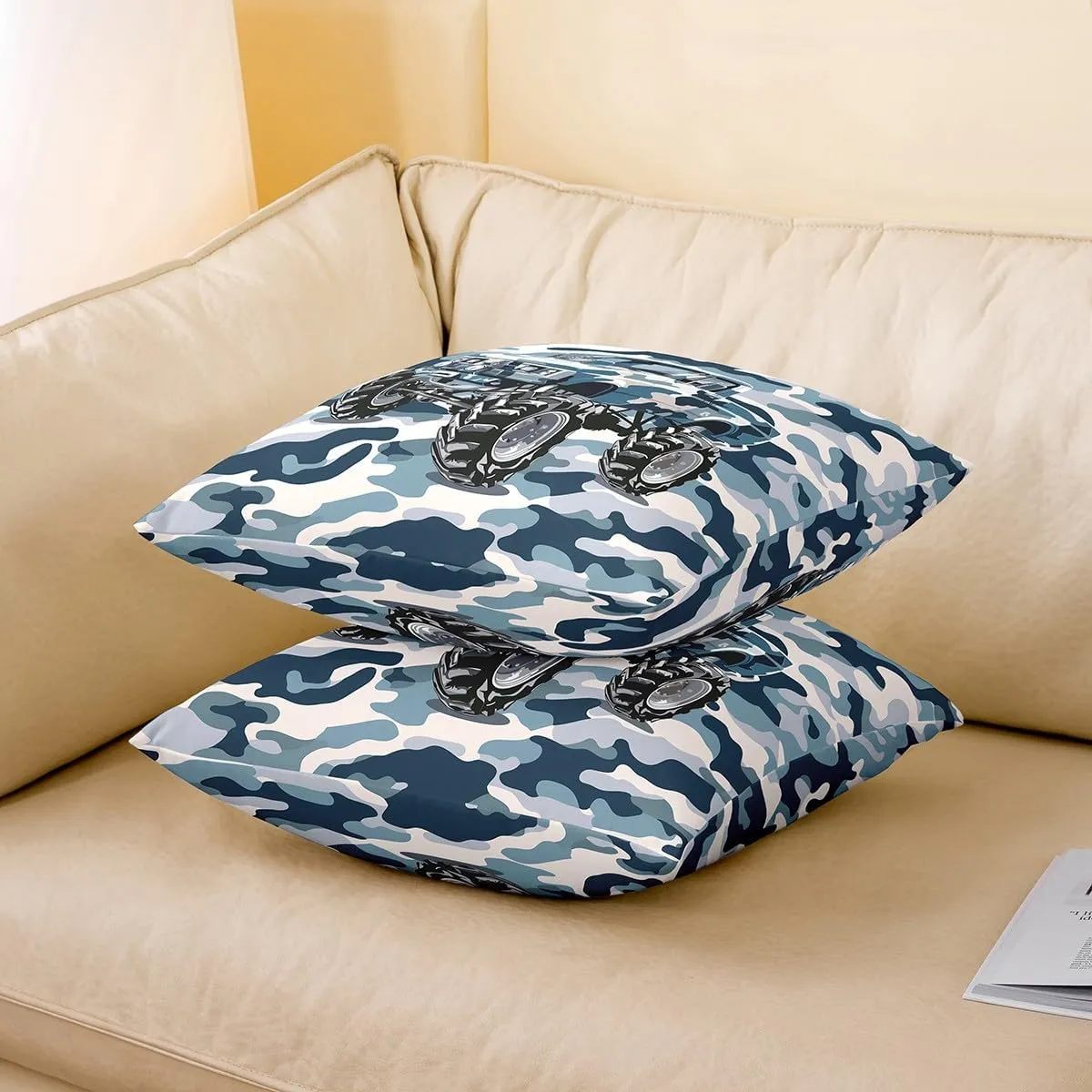 Camo Truck Throw Pillow Covers Adventure Theme Off-Road Vehicle Cushion Covers for Kids Boys Teens Adults Watercolor Blue Camo Cool Cushion Cases for Housewarming Chairs 22x22 Inch Set of 2