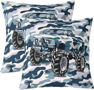Camo Truck Throw Pillow Covers Adventure Theme Off-Road Vehicle Cushion Covers for Kids Boys Teens Adults Watercolor Blue Camo Cool Cushion Cases for Housewarming Chairs 22x22 Inch Set of 2