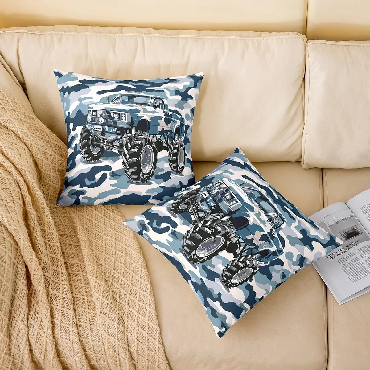Camo Truck Throw Pillow Covers Adventure Theme Off-Road Vehicle Cushion Covers for Kids Boys Teens Adults Watercolor Blue Camo Cool Cushion Cases for Housewarming Chairs 22x22 Inch Set of 2