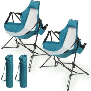 Camping Chair, Folding Portable Rocking Chair, Aluminum Alloy Adjustable Back Swinging Chair with Pillow Cup Holder, Recliner with Carry Bag for Outdoor Travel Lawn Backyard, Blue (2pcs)