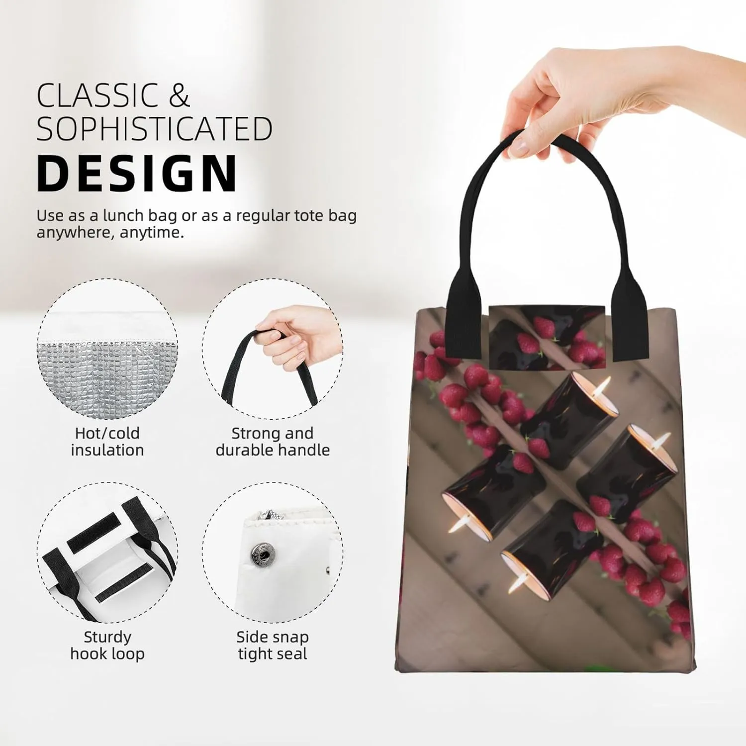 Candles And Roses Lunch Bag For Women Men Reusable Insulated Lunch Tote Bag For Work Office Travel Picnic Yoga