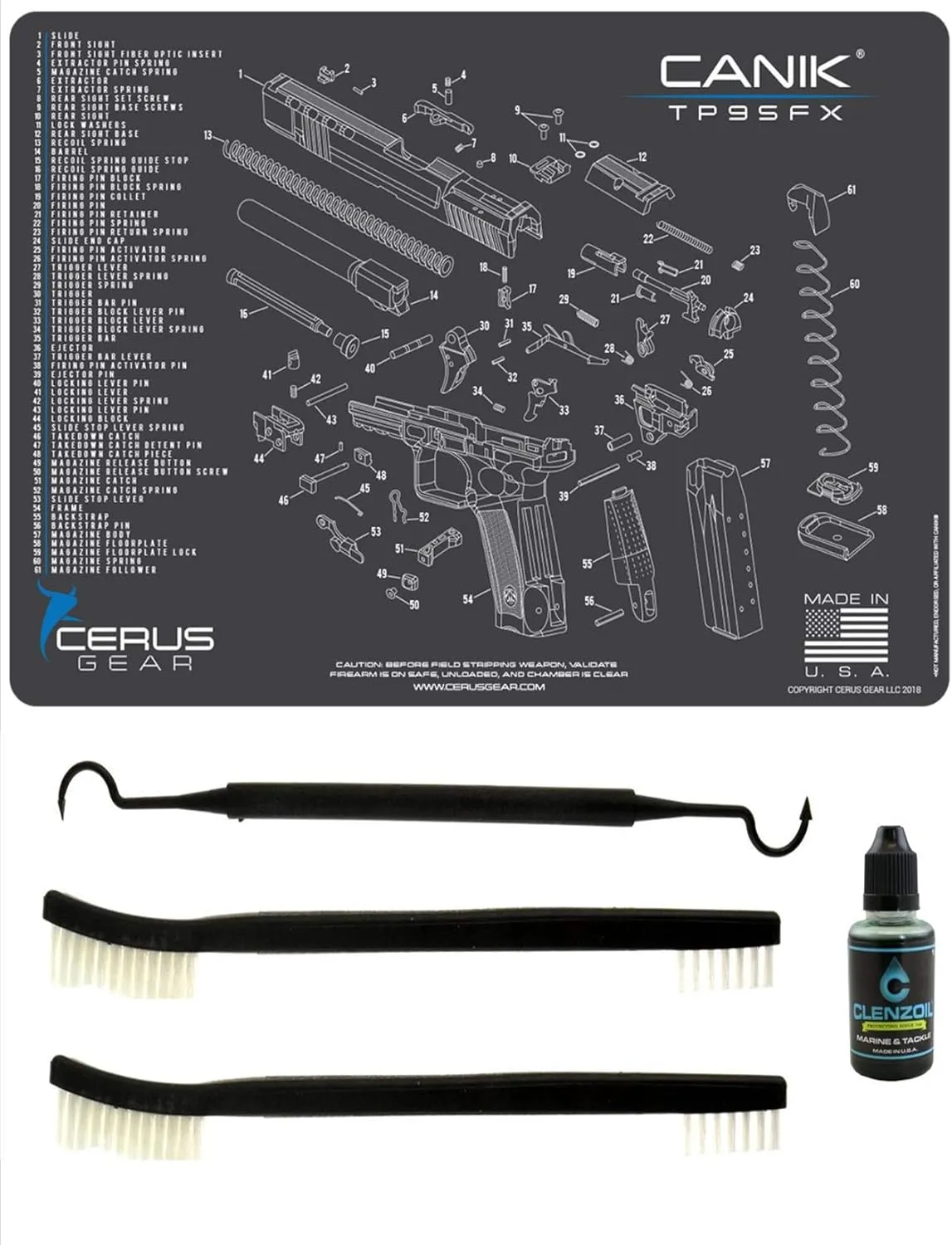 Canik TP9 SFX 5 PC EDOG Cerus Gear Schematic (Exploded View) Heavy Duty Pistol Cleaning 12x17 Padded Gun-Work Surface Protector Mat Solvent & Oil Resistant & 3 PC Cleaning Essentials & Clenzoil
