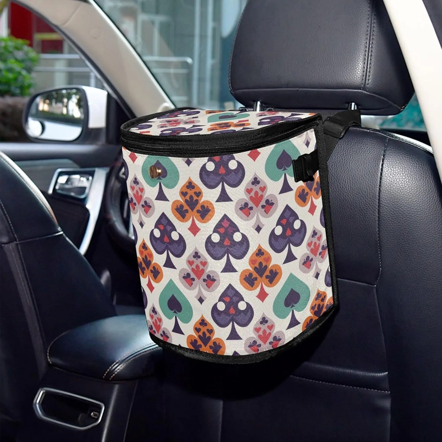 Card Suits-70 Car Trash Can, Waterproof Car Garbage Bin with Lid, Hanging Vehicle Trash Bag Leakproof, Auto Trash Container for Truck, SUV