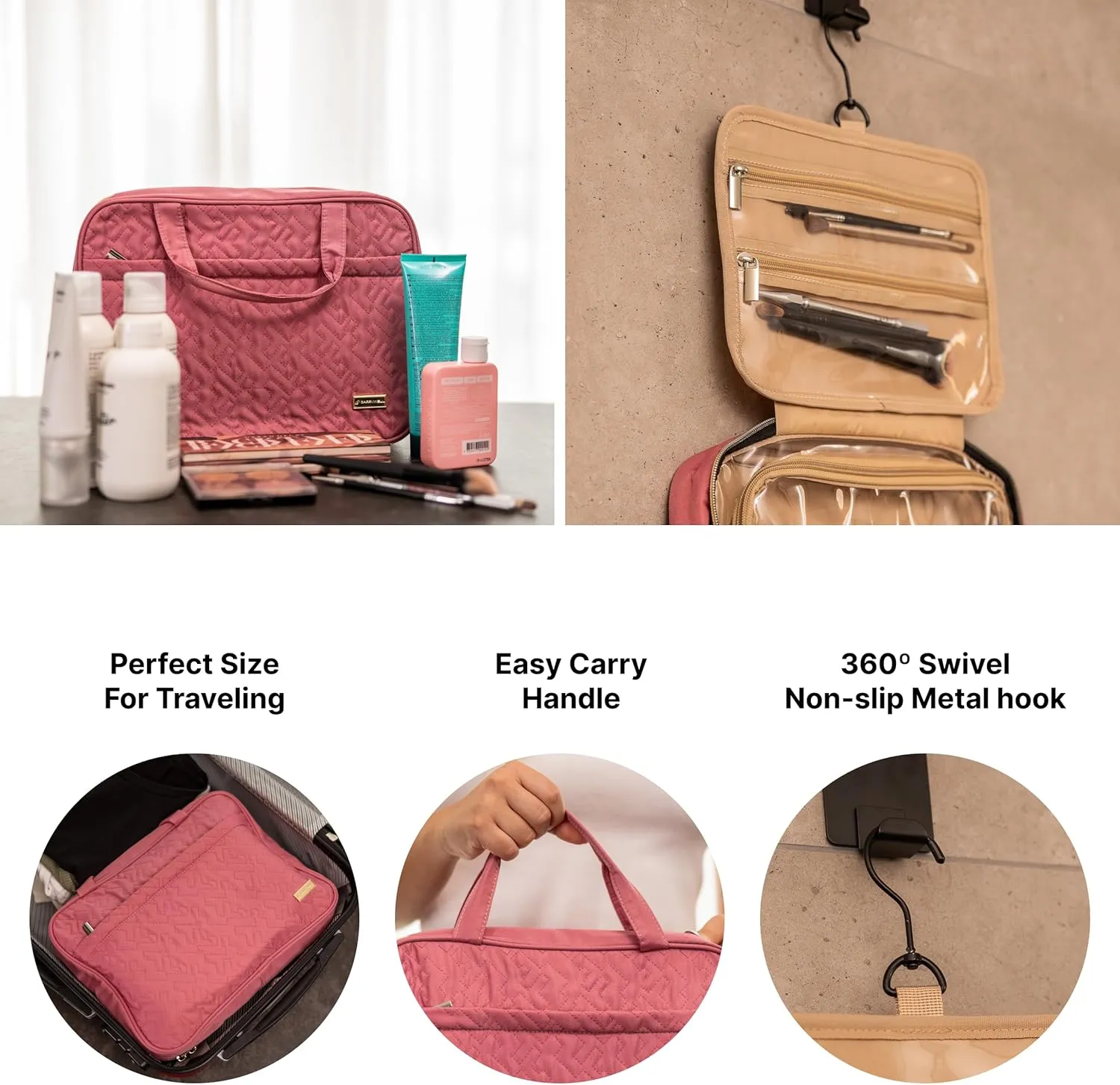 Carrywell (Not Made In China) Hanging Toiletry Bag For Women, Toiletries Bag, Travel Make Up Organizer, Water-Resistant Case For Cosmetics, Makeup and Brushes (Rosewood Pink, Medium)