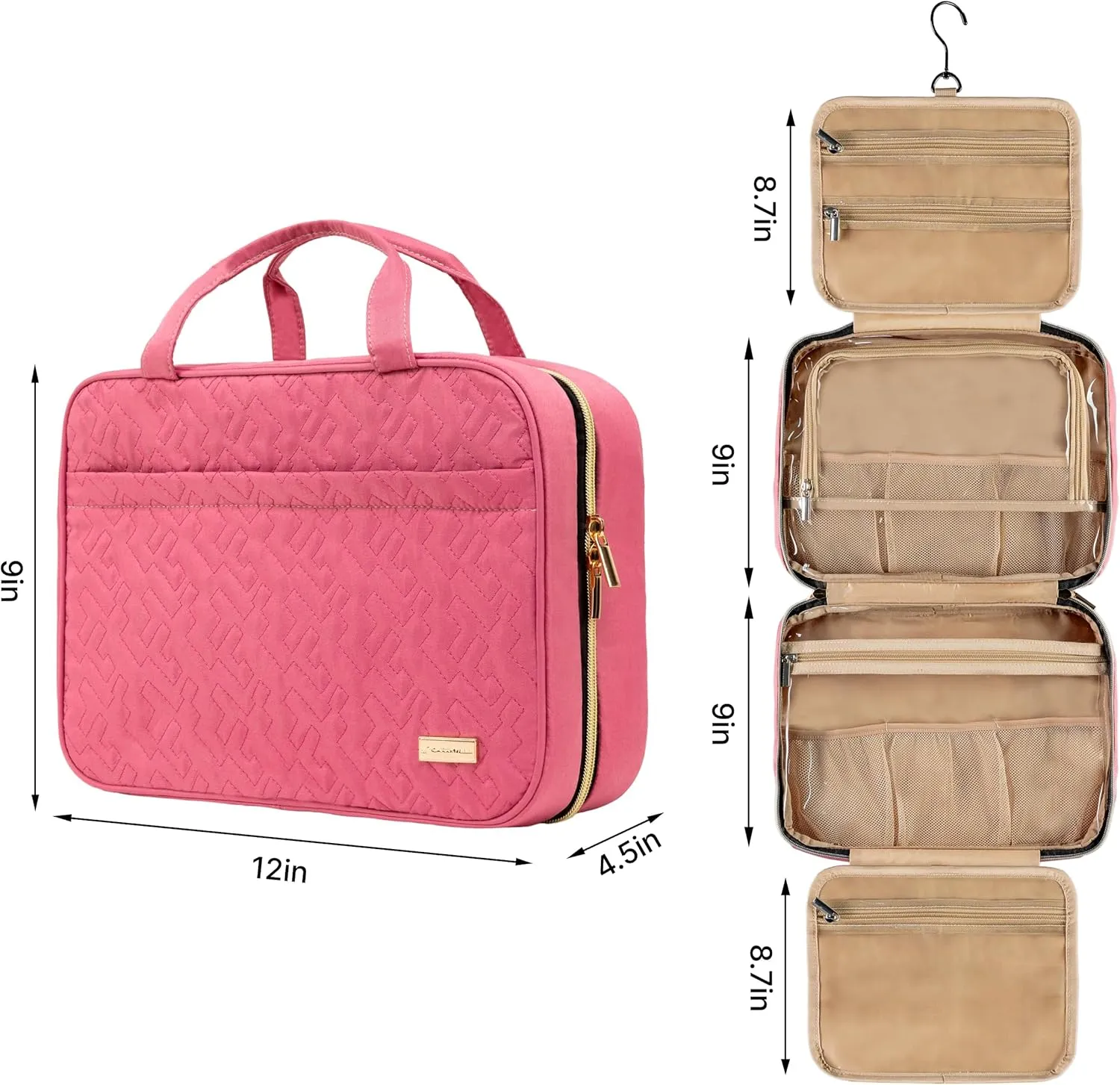 Carrywell (Not Made In China) Hanging Toiletry Bag For Women, Toiletries Bag, Travel Make Up Organizer, Water-Resistant Case For Cosmetics, Makeup and Brushes (Rosewood Pink, Medium)