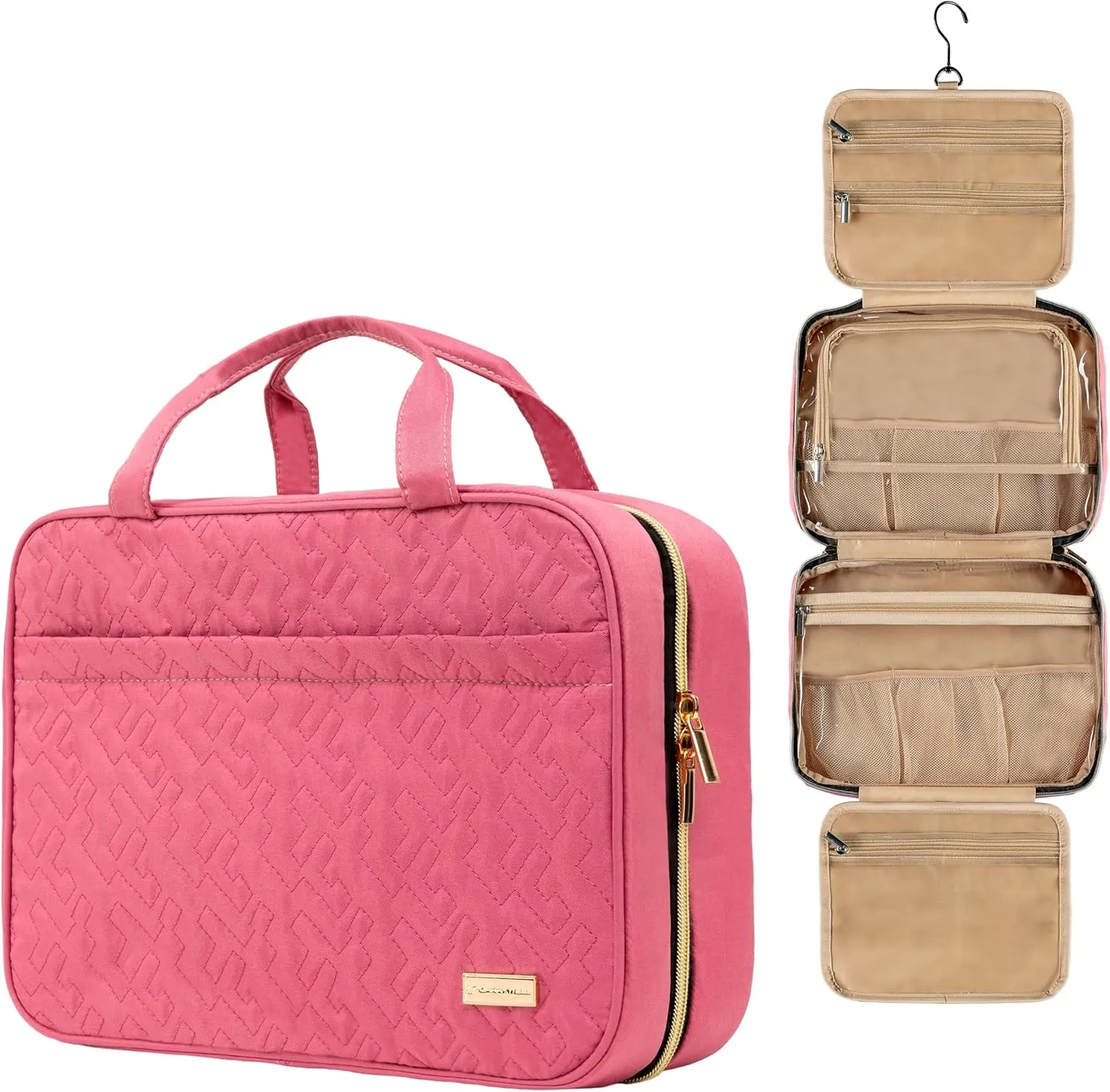Carrywell (Not Made In China) Hanging Toiletry Bag For Women, Toiletries Bag, Travel Make Up Organizer, Water-Resistant Case For Cosmetics, Makeup and Brushes (Rosewood Pink, Medium)