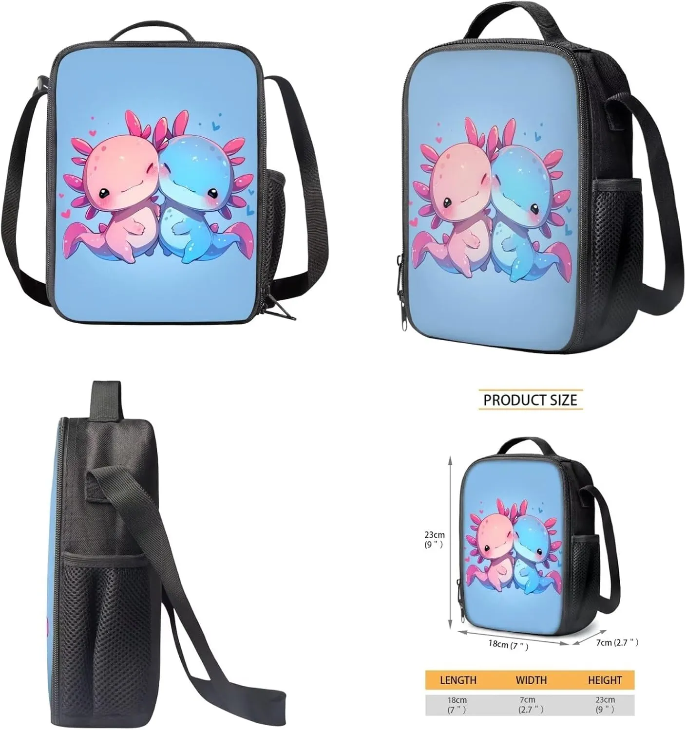 Cartoon Axolotl Backpack for Kids Girls 12 Inch School Backpack with Lunch Box Pencil Case 3 Piece Set Elementary/Primary School Backpack Rucksack