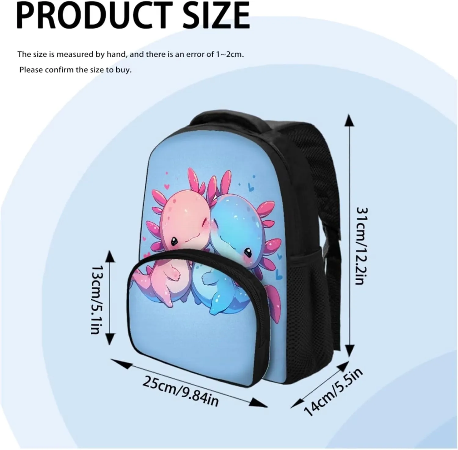 Cartoon Axolotl Backpack for Kids Girls 12 Inch School Backpack with Lunch Box Pencil Case 3 Piece Set Elementary/Primary School Backpack Rucksack