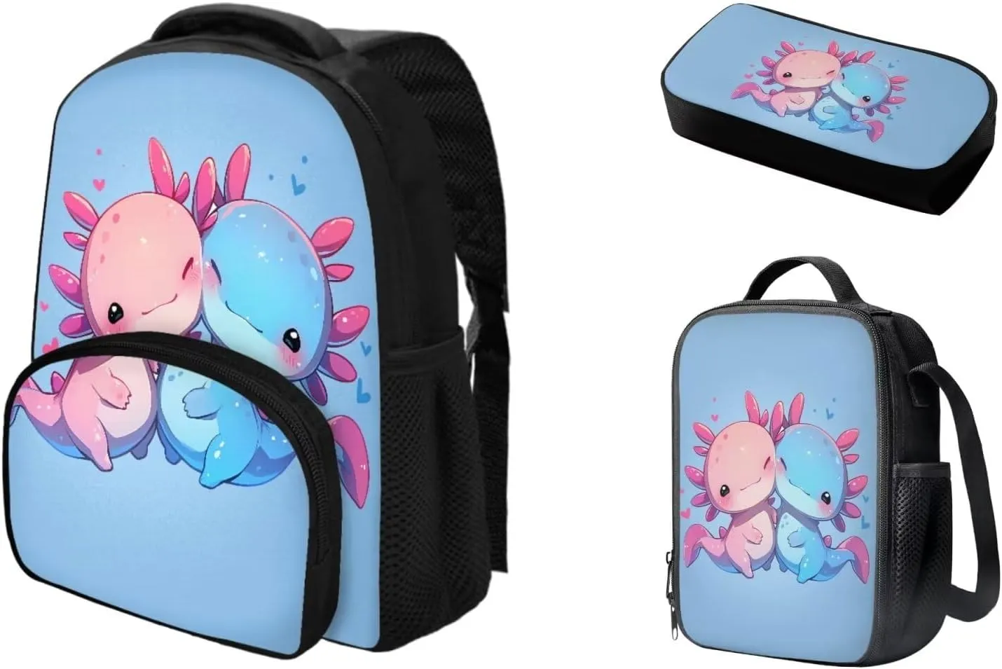Cartoon Axolotl Backpack for Kids Girls 12 Inch School Backpack with Lunch Box Pencil Case 3 Piece Set Elementary/Primary School Backpack Rucksack