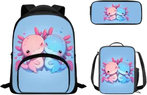 Cartoon Axolotl Backpack for Kids Girls 12 Inch School Backpack with Lunch Box Pencil Case 3 Piece Set Elementary/Primary School Backpack Rucksack