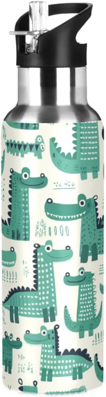 Cartoon Crocodiles Insulated Water Bottle with Straw & Lid 22oz BPA Free Leakproof Stainless Steel Water Bottle Vacuum Double Wall Wide Mouth Sports Cup