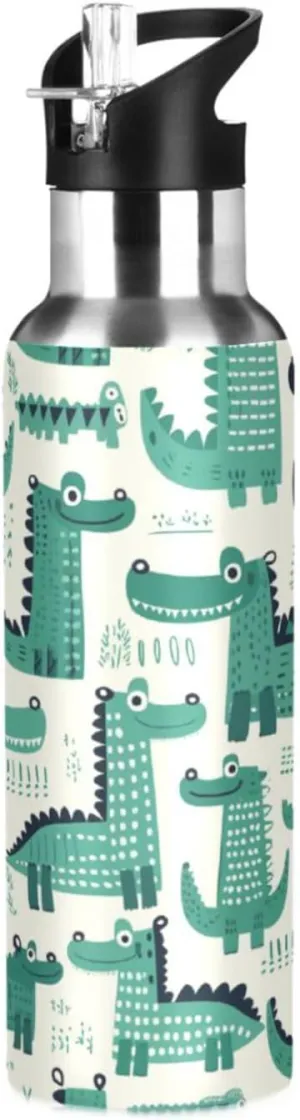 Cartoon Crocodiles Insulated Water Bottle with Straw & Lid 22oz BPA Free Leakproof Stainless Steel Water Bottle Vacuum Double Wall Wide Mouth Sports Cup