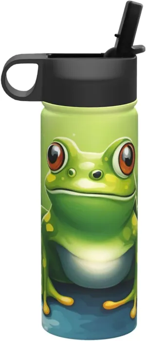 Cartoon green frog Print Flask Stainless Steel Water Bottle with Straw 18OZ FOR Outdoor Gym Commute