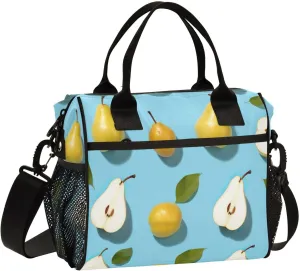 Cartoon Pears with Leaves Insulated Lunch Bag Reusable Lunch Box for Men Women Leakproof Cooler Tote Bag with Adjustable Shoulder Strap Food Handbag for Camping Travel Work Office Picnic