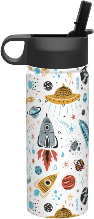 Cartoon Rockets Print Flask Stainless Steel Water Bottle with Straw 18OZ FOR Outdoor Gym Commute