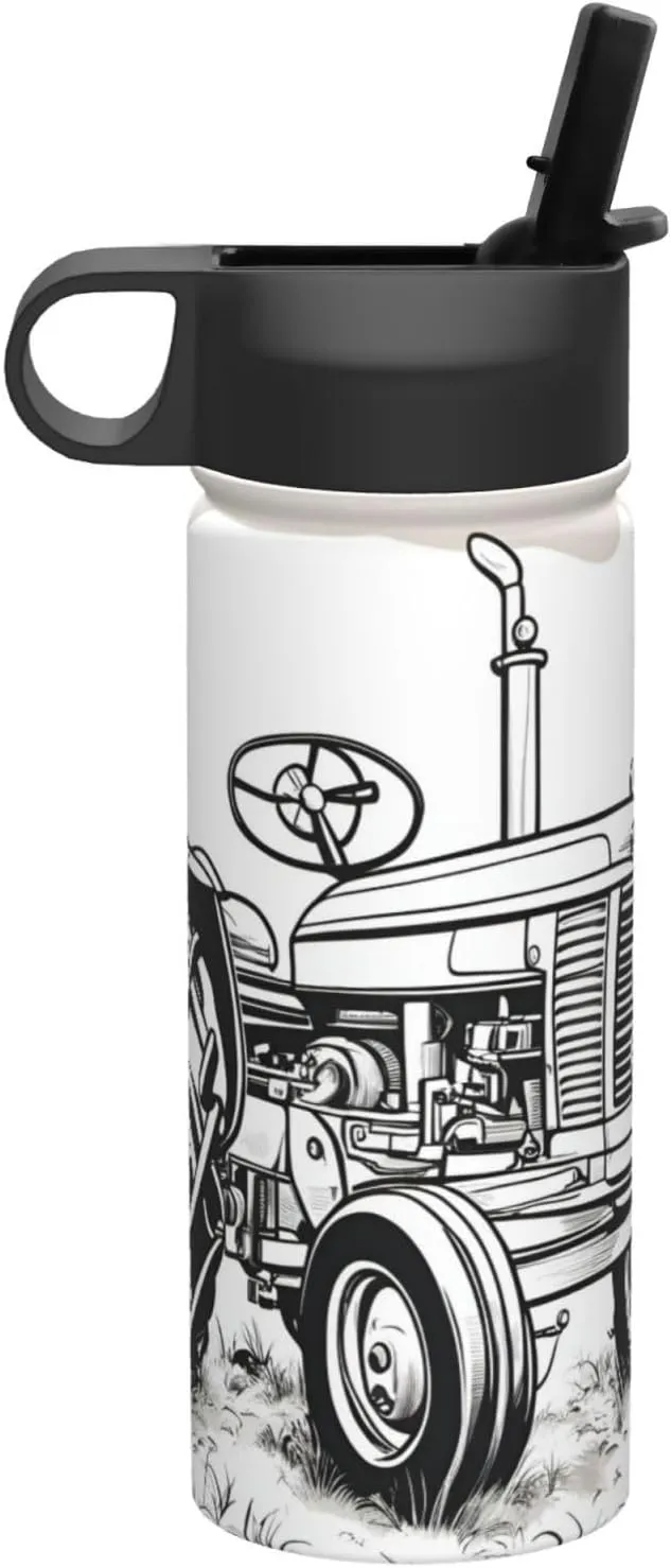 Cartoon Tractor Print Flask Stainless Steel Water Bottle with Straw 18OZ FOR Outdoor Gym Commute