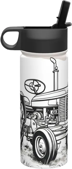Cartoon Tractor Print Flask Stainless Steel Water Bottle with Straw 18OZ FOR Outdoor Gym Commute