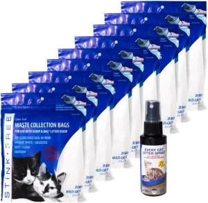Cat Litter Odor Seal Bag - Smell Proof Kitty Litter Bags. 12 Packs of 21 Waste Remover Bags for Poop and Urine. Cleaning Supplies for Your Litter Box & Free 2 oz. of Every Cat Litter Spray