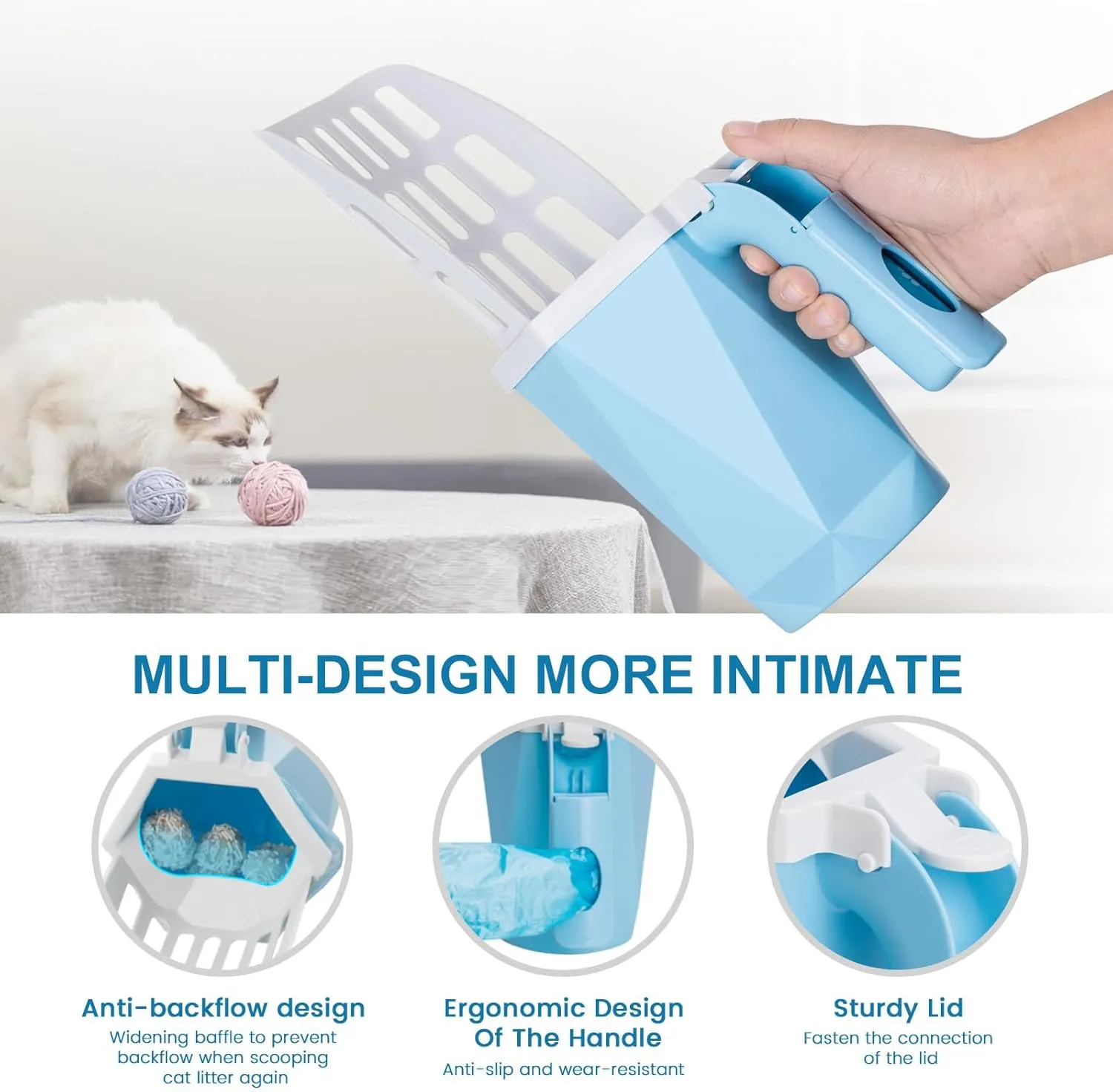 Cat Litter Scooper with Holder Kitty Litter Scoop with Bag, Cat Litter Shovel with 150 Refill Bags, Portable Container Easy to Clean Large Litter Box Blue