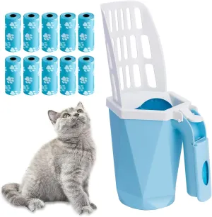 Cat Litter Scooper with Holder Kitty Litter Scoop with Bag, Cat Litter Shovel with 150 Refill Bags, Portable Container Easy to Clean Large Litter Box Blue
