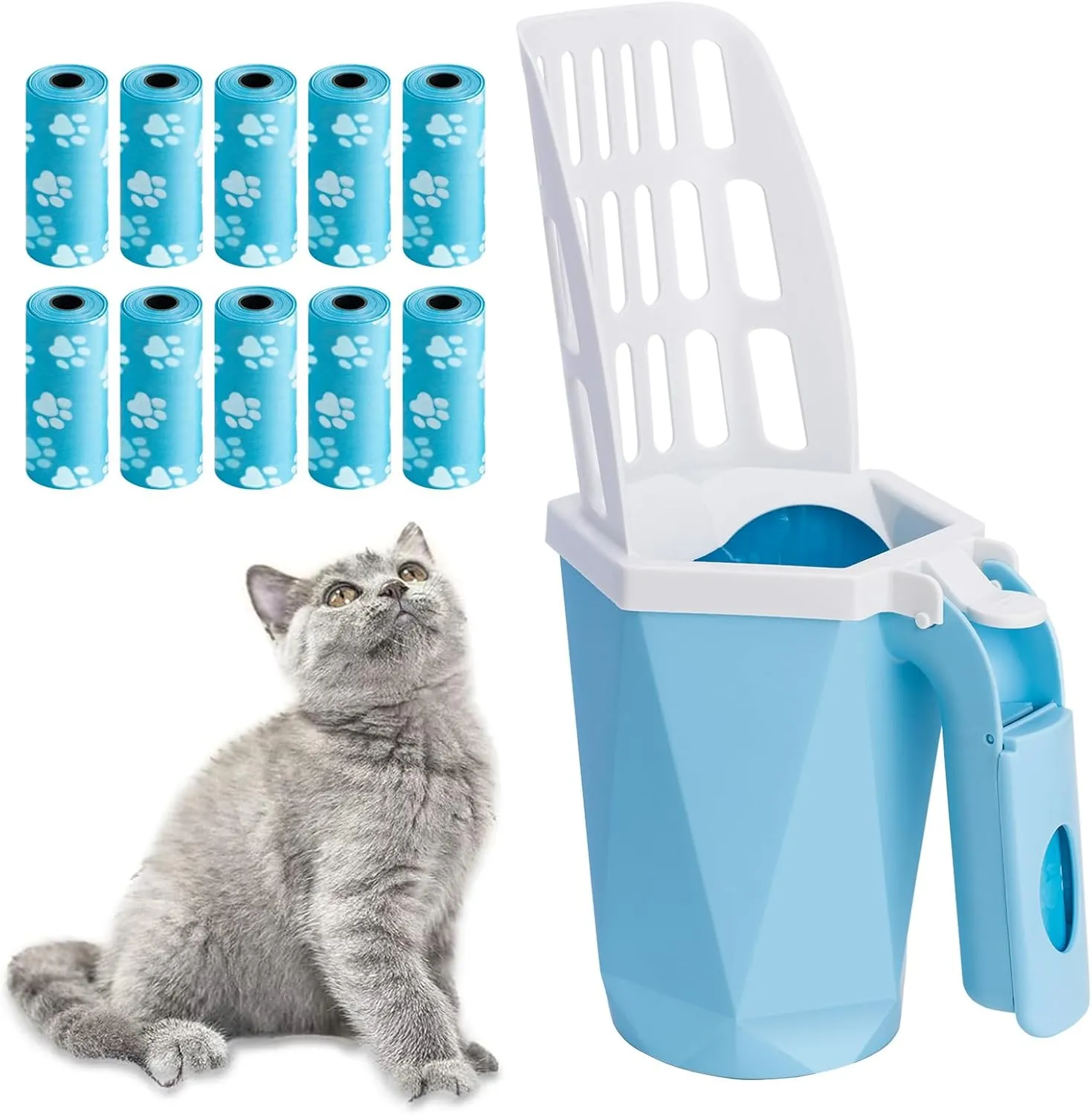 Cat Litter Scooper with Holder Kitty Litter Scoop with Bag, Cat Litter Shovel with 150 Refill Bags, Portable Container Easy to Clean Large Litter Box Blue