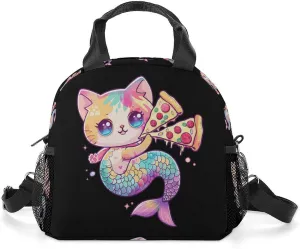 Cat Mermaid Eating Pizza Lunch Bag Insulated Lunch Box Lunch Tote Bag Lunch Organizer Lunch Holder Handbag for Women Men
