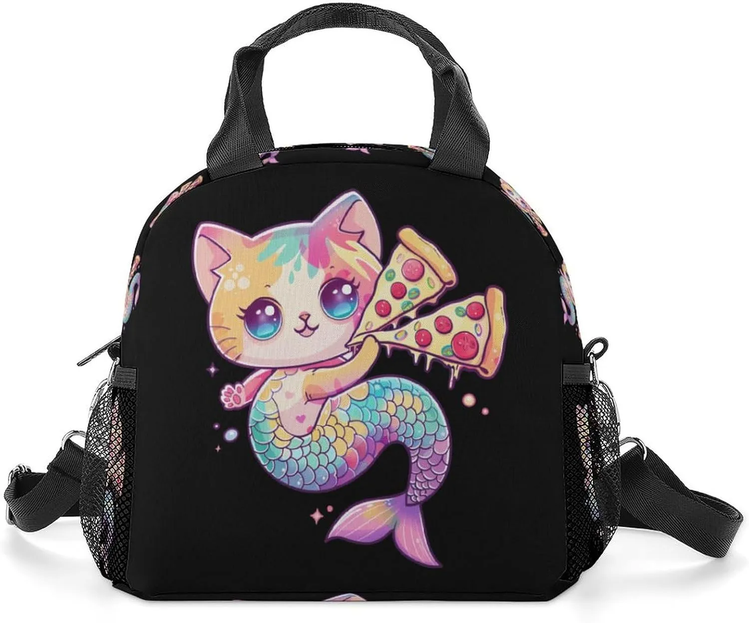 Cat Mermaid Eating Pizza Lunch Bag Insulated Lunch Box Lunch Tote Bag Lunch Organizer Lunch Holder Handbag for Women Men