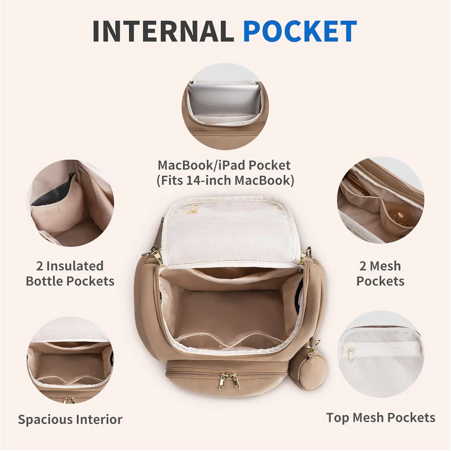 CEI-CEI Diaper Bag 4 in 1 Convertible Diaper Backpack Neoprene Waterproof Baby Bag for Mom and Dad with Changing Pad Stowable Shoulder Strap Travel with Pacifier Case and Insulated Pockets (Oat)
