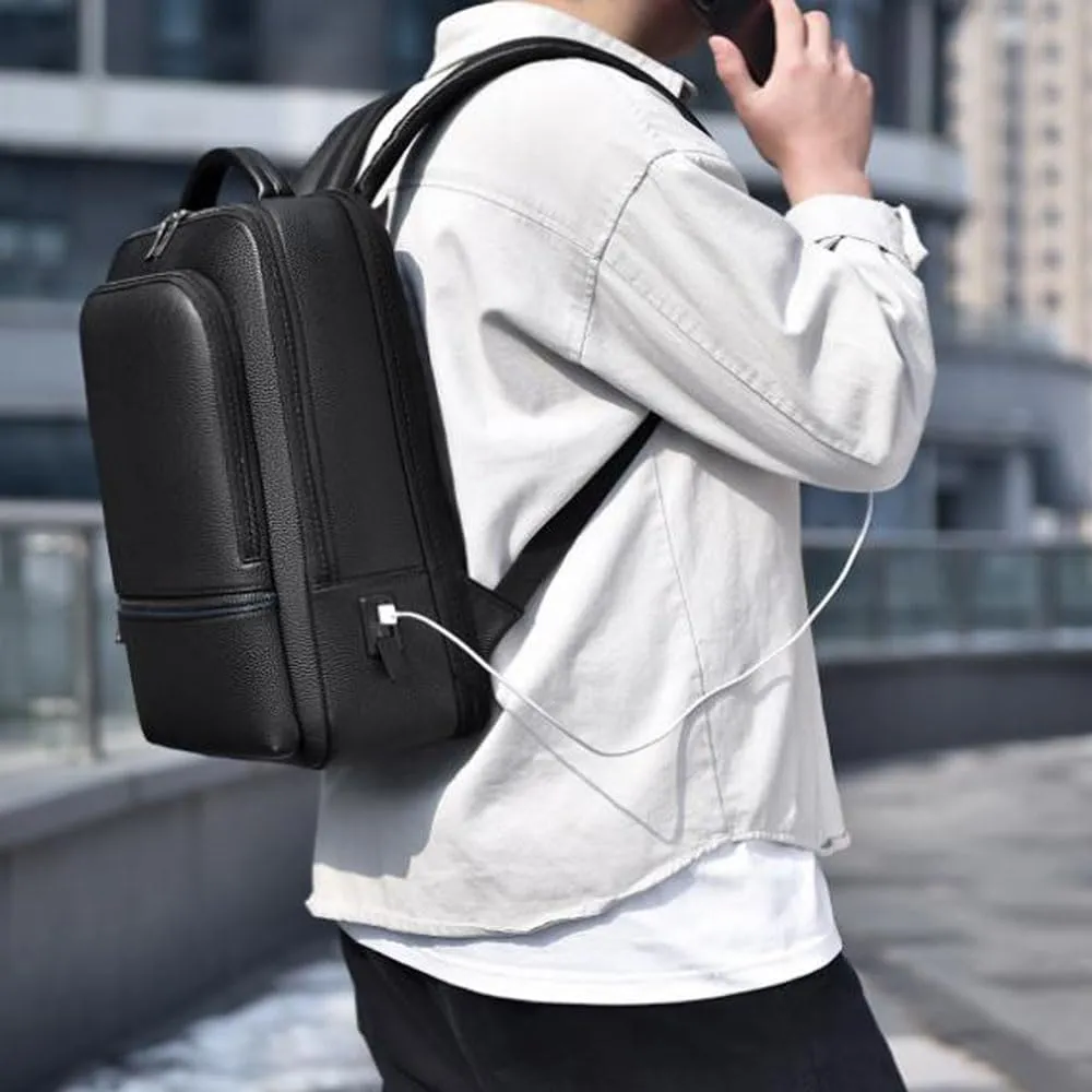 CHAO RAN Leather Laptop Backpack for Men Fit 15.6 Inch Laptop, Business Work Office College Medium Backpack with USB Charging Port, Waterproof Black Travel Bag (Black01)