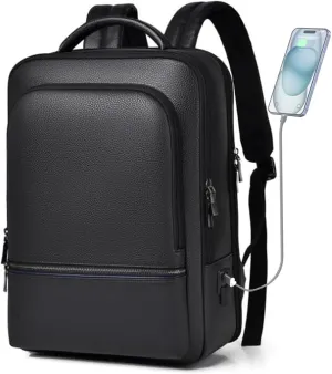 CHAO RAN Leather Laptop Backpack for Men Fit 15.6 Inch Laptop, Business Work Office College Medium Backpack with USB Charging Port, Waterproof Black Travel Bag (Black01)