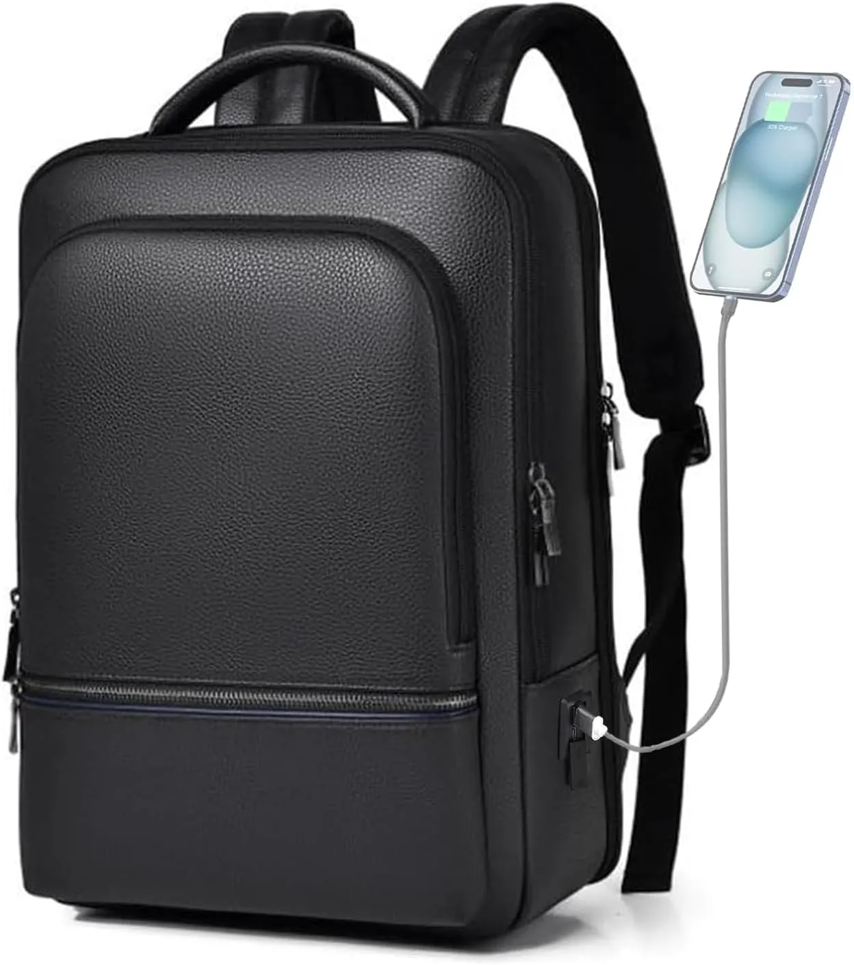 CHAO RAN Leather Laptop Backpack for Men Fit 15.6 Inch Laptop, Business Work Office College Medium Backpack with USB Charging Port, Waterproof Black Travel Bag (Black01)