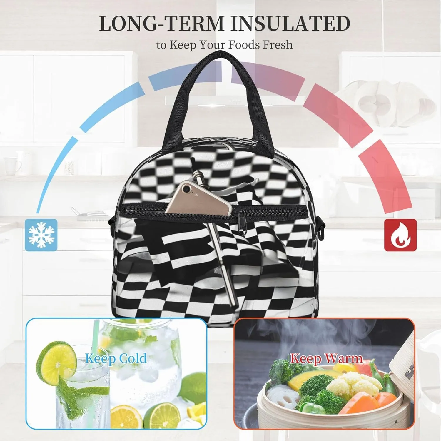 Checkered Flags Race Flags Print Crossbody Insulated Lunch Bags For Women Men Cooler Bag Lightweight Waterproof Lunch Box