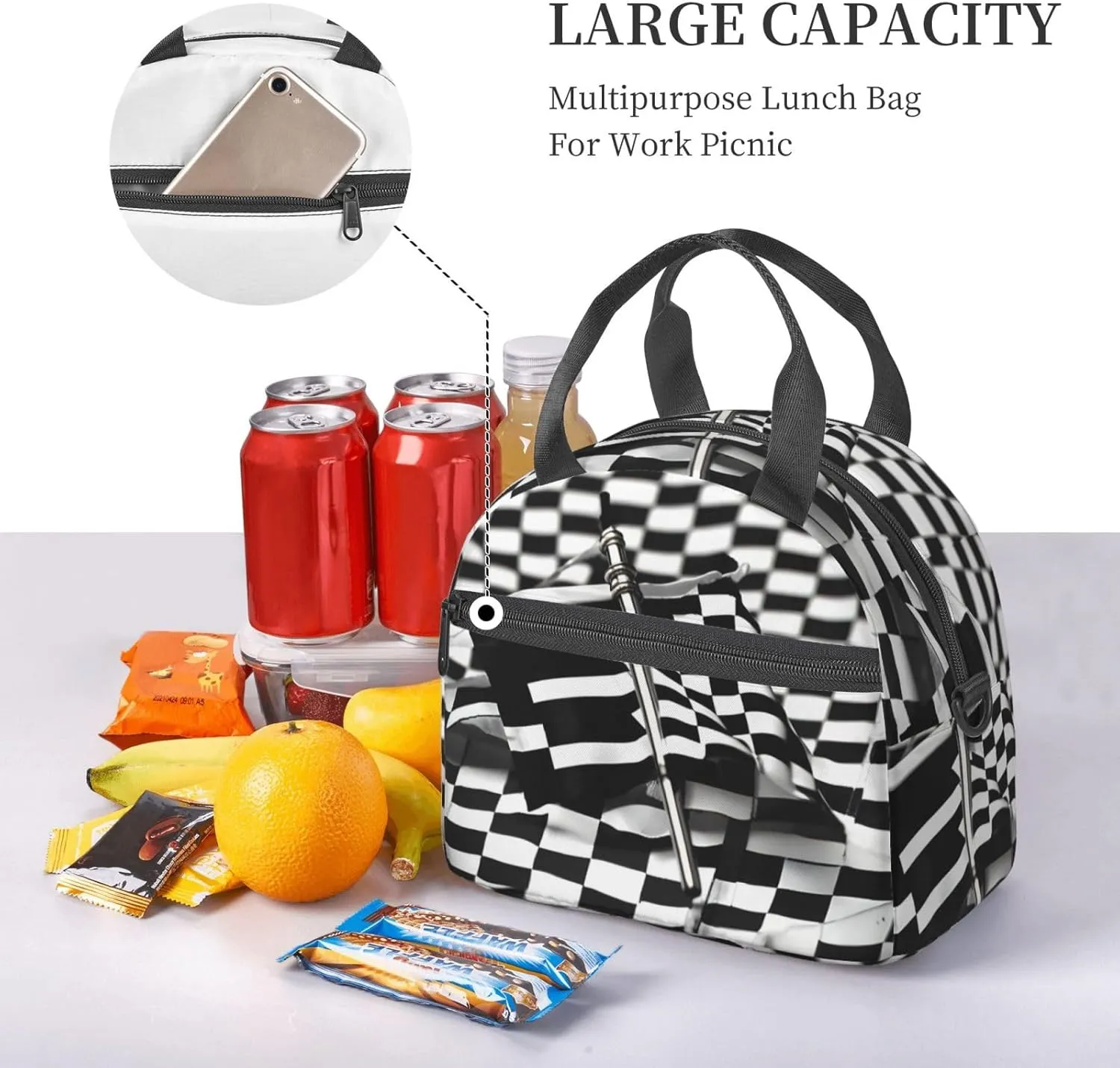 Checkered Flags Race Flags Print Crossbody Insulated Lunch Bags For Women Men Cooler Bag Lightweight Waterproof Lunch Box