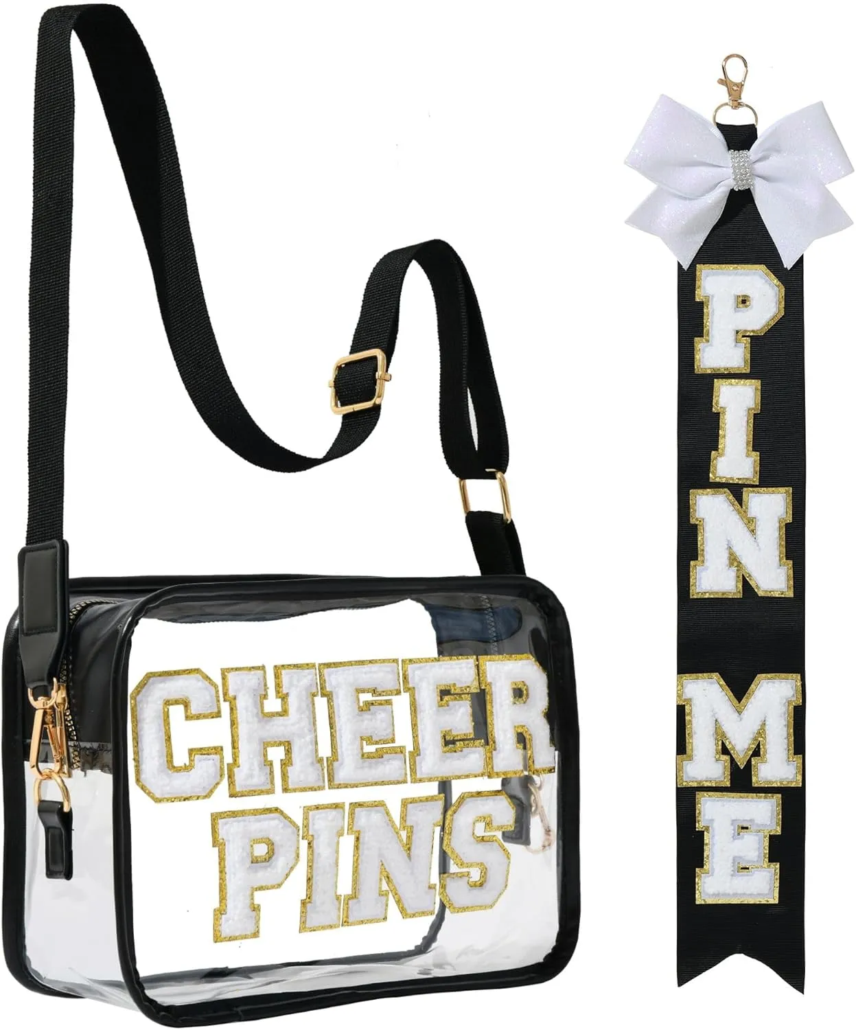 Cheerleader Pins Set, Clear Cheer Pins Bag with chenille 'CHEER PINS' lettering, 'PIN ME' Ribbon for Backpack. (Bag-White Letters and Ribbon)