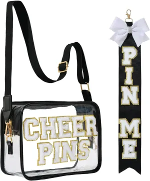 Cheerleader Pins Set, Clear Cheer Pins Bag with chenille 'CHEER PINS' lettering, 'PIN ME' Ribbon for Backpack. (Bag-White Letters and Ribbon)