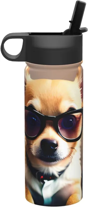 Chihuahua with Glasses Print Flask Stainless Steel Water Bottle with Straw 18OZ FOR Outdoor Gym Commute