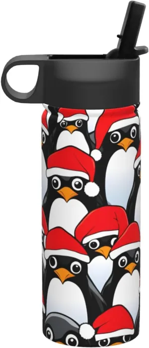 Christmas Penguins Print Flask Stainless Steel Water Bottle with Straw 18OZ FOR Outdoor Gym Commute