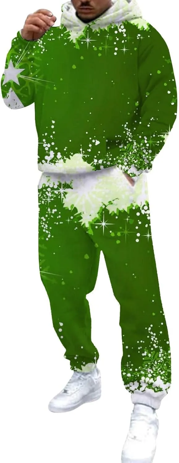 Christmas Tracksuit for Men 2 Piece Xmas Printed Long Sleeve Hooded Sweatshirt Long Pants Trendy Loose Winter Outfits