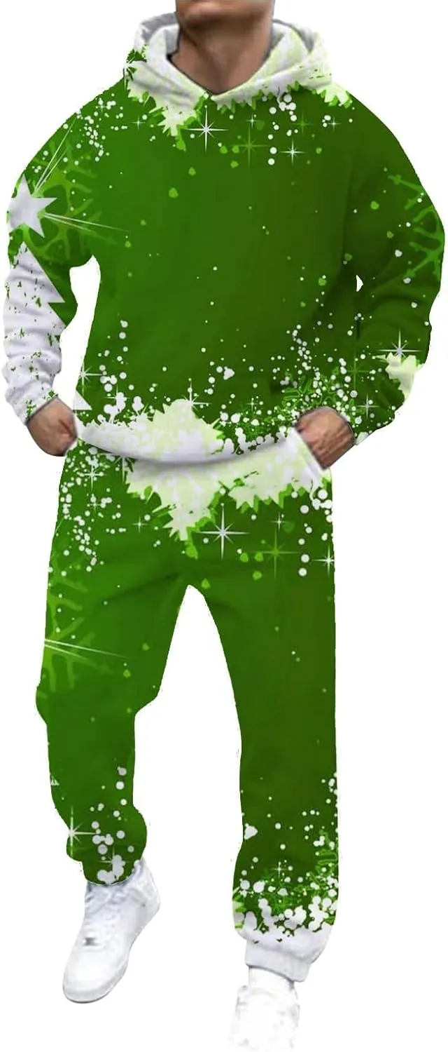 Christmas Tracksuit for Men 2 Piece Xmas Printed Long Sleeve Hooded Sweatshirt Long Pants Trendy Loose Winter Outfits