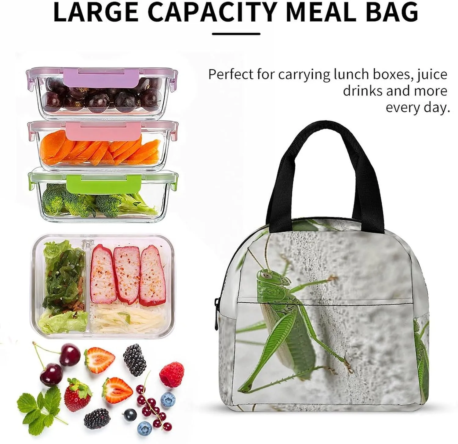 Classic Lunch Box for Men Women,Green Grasshopper Image Reusable Insulated Lunch Bag Cooler for Work Picnic Or Travel