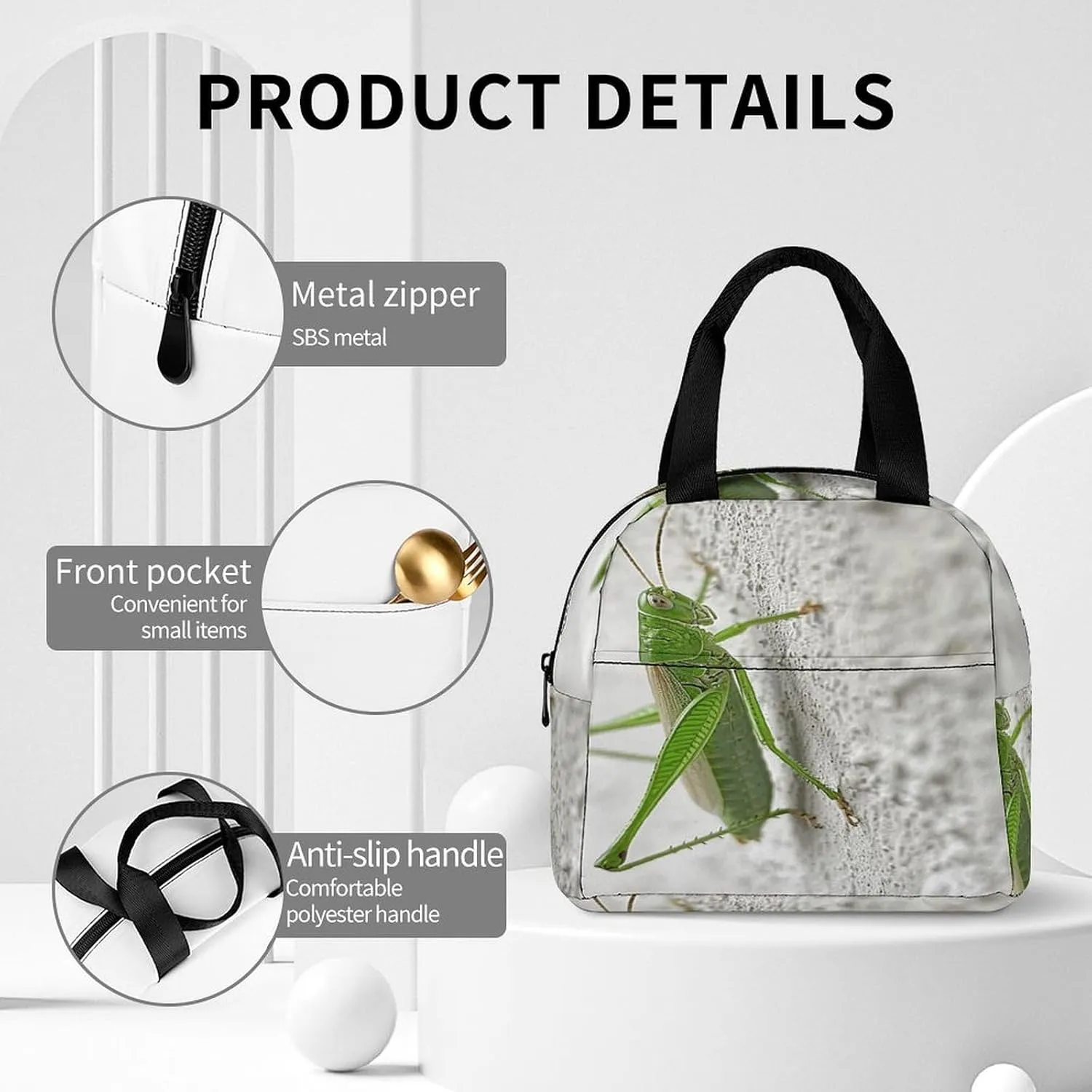 Classic Lunch Box for Men Women,Green Grasshopper Image Reusable Insulated Lunch Bag Cooler for Work Picnic Or Travel
