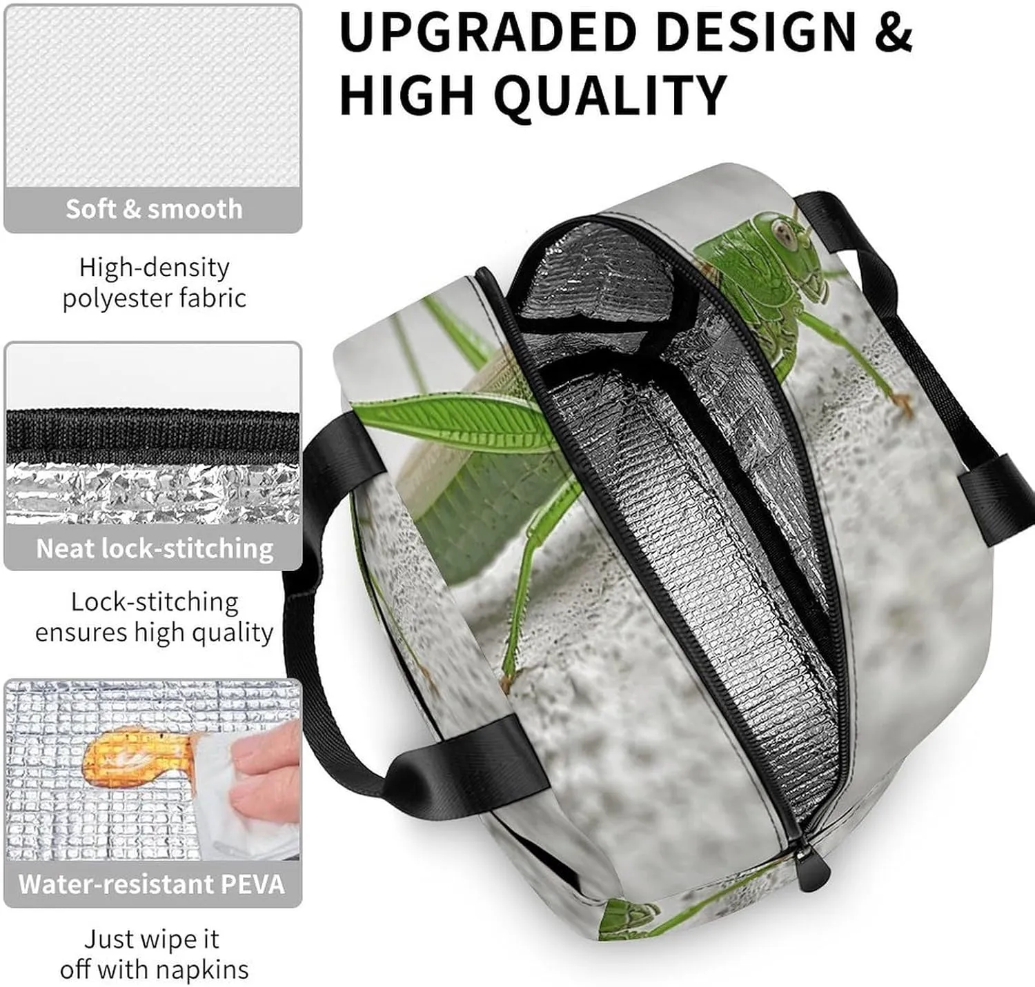 Classic Lunch Box for Men Women,Green Grasshopper Image Reusable Insulated Lunch Bag Cooler for Work Picnic Or Travel