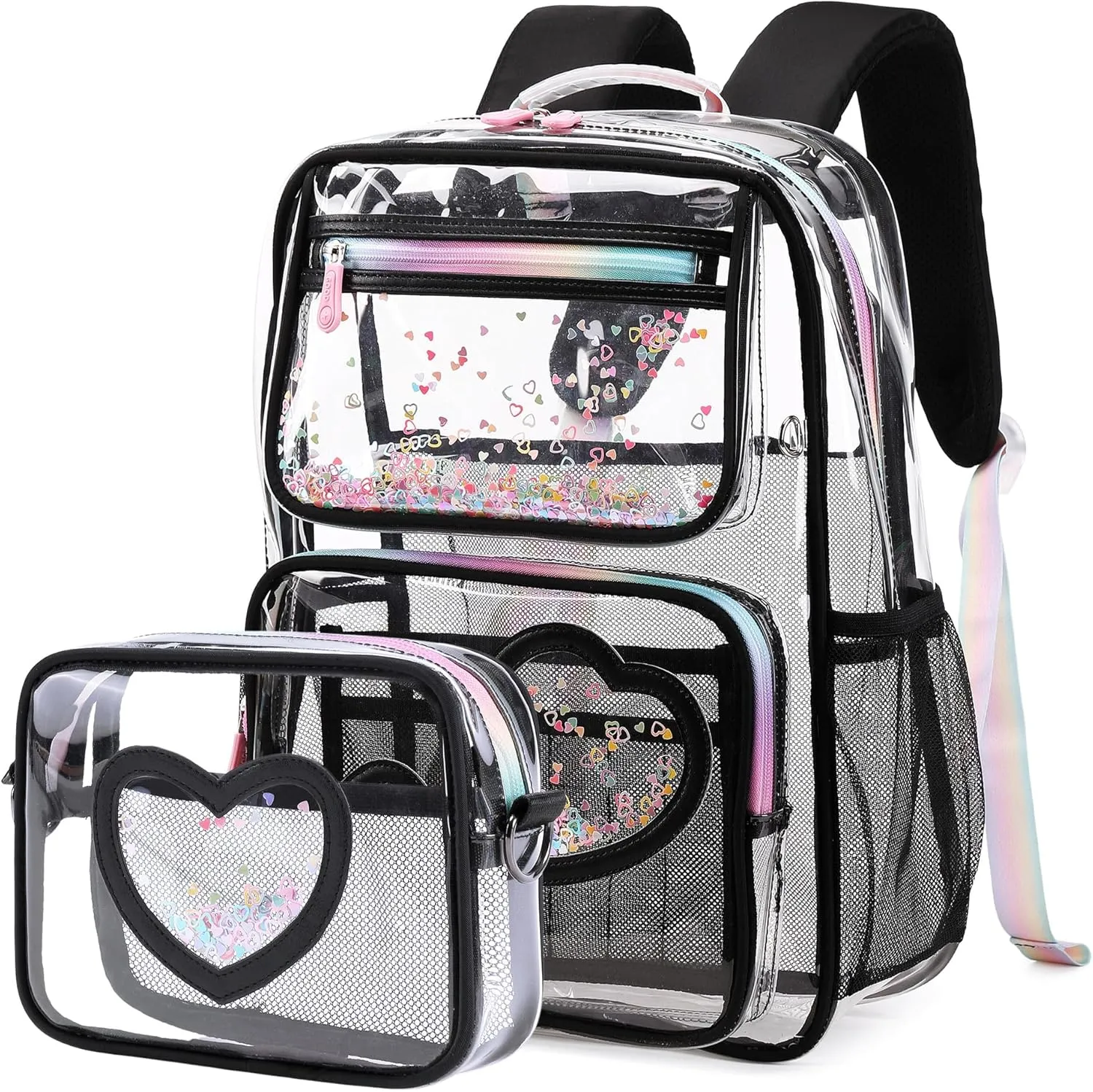 Clear Backpack for Girls,Transparent Backpacks Crossbody Bag for Kids Elementary School Student,Heavy Duty See Through Daypack 2PCS Bookbag Stadium Approved for Teen,College,Work,Travel,Concert Black