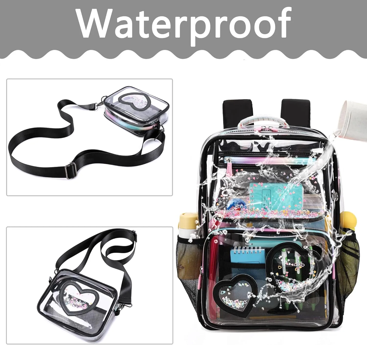Clear Backpack for Girls,Transparent Backpacks Crossbody Bag for Kids Elementary School Student,Heavy Duty See Through Daypack 2PCS Bookbag Stadium Approved for Teen,College,Work,Travel,Concert Black